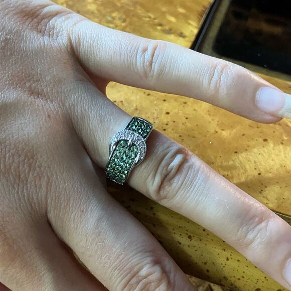 Natural Tsavorite Garnet Sterling Silver Buckle Ring Size 6 - Picture 4 of 9